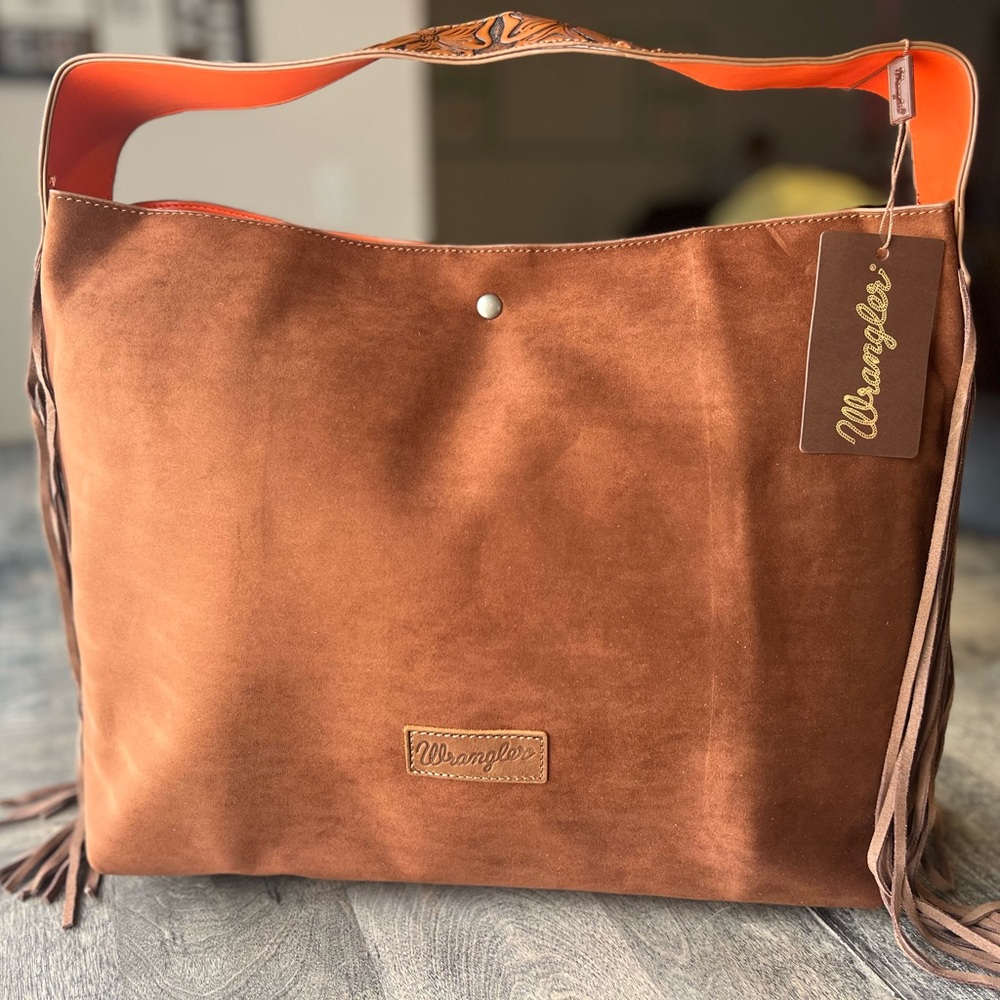 Wrangler Tan Suede Western Boho Fringe Chic Shoulder Bag